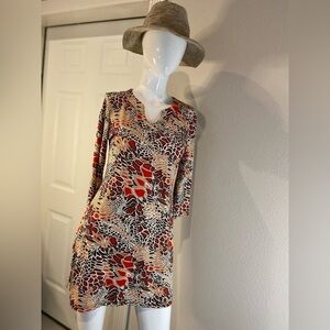 Neesha~Vibrant~Abstract Design~Mini Dress~Keyhole Neckline~3/4 Sleeve~Size M